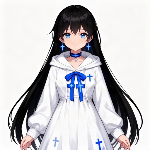 Anime girl white dress blue cross ribbons long black hair hoodie choker earrings 