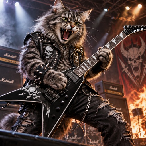 A snarling cool heavy metal cat shredding the electric guitar, high resolution.