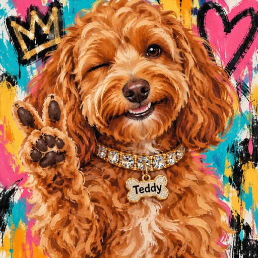 Reddish blonde female mini labradoodle with feisty grin and wink holding up one paw in a peace sign, wearing bling. Her name is Teddy, abstract pop art