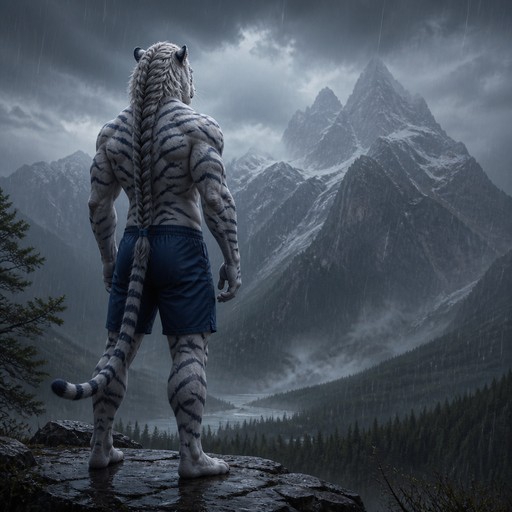 Male white tiger with human body. Blue tabby in body. A medium long braid after his head. Wearing a blue short. Looking toward mountants in the rain.