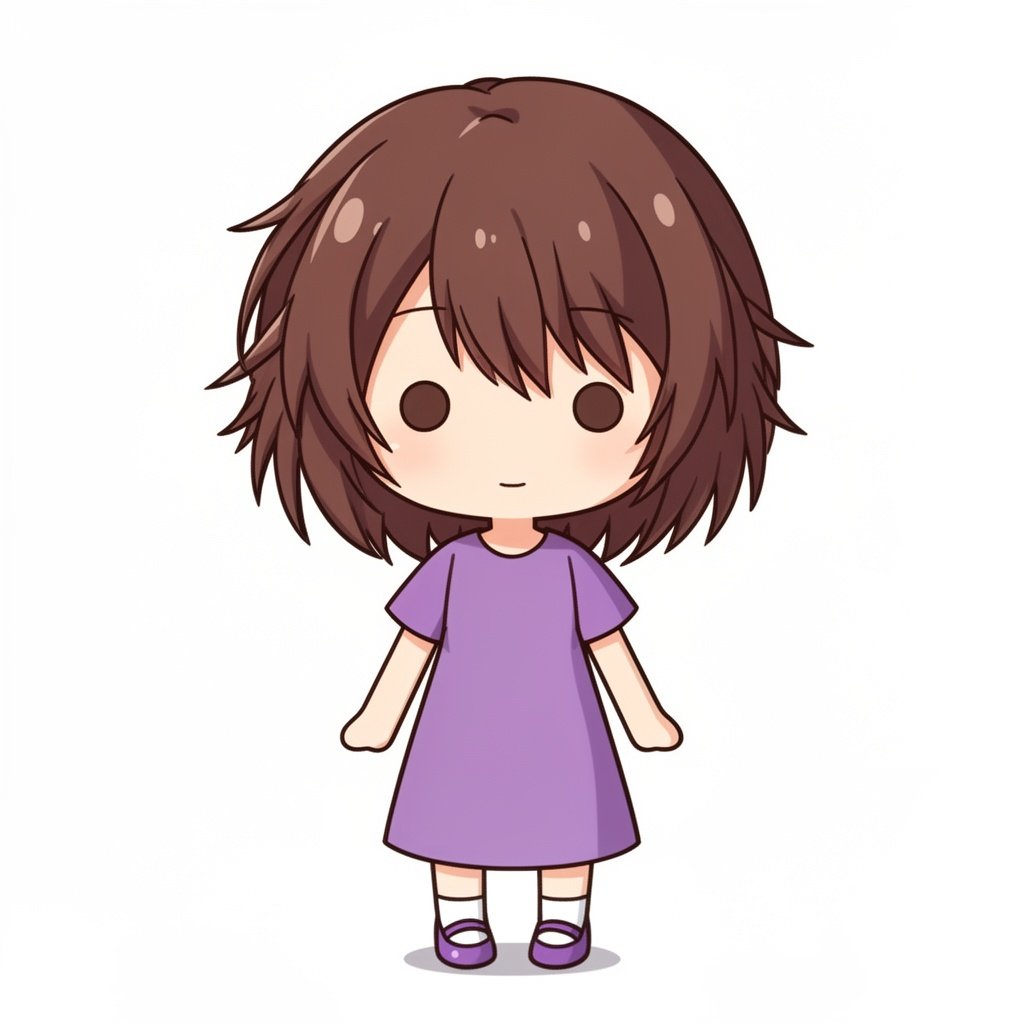 A girl with short, messy brown hair wearing a violet, knee-length dress with short sleeves, white socks, and purple Mary Jane shoes