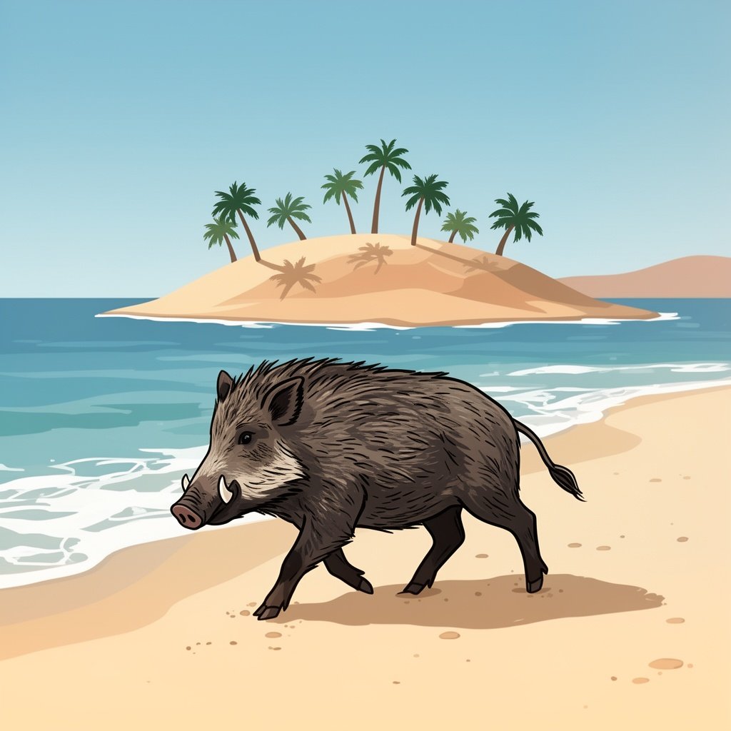 A wild boar walking along the beach of a desert island