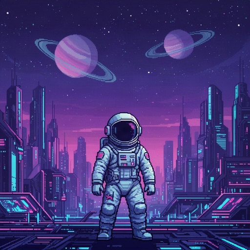 Young astronaut stands in a futuristic city with Saturn and stars in the distance. Cyberpunk color scheme
