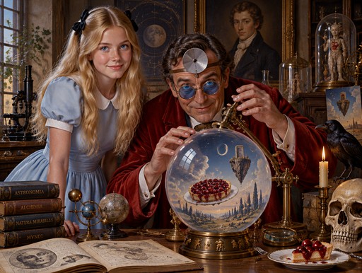 A person peers into a crystal ball in a candlelit, antique-filled room.