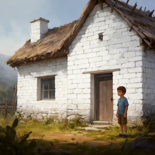 A boy standing outside a cottage made of white bricks