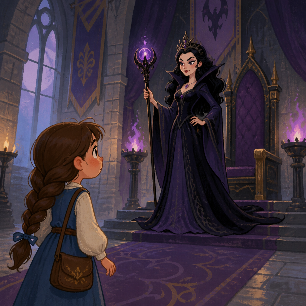 A girl encountering a dark sorceress inside a castle throne room