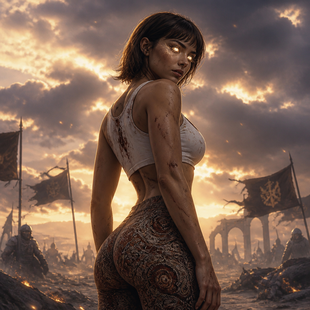 Enchanting Woman with short brown bangs
she wears a white crop top
she also wears paisley print leggings
godly energy glowing in her eyes as she ominously looks over her shoulder
They have returned from a epic battle