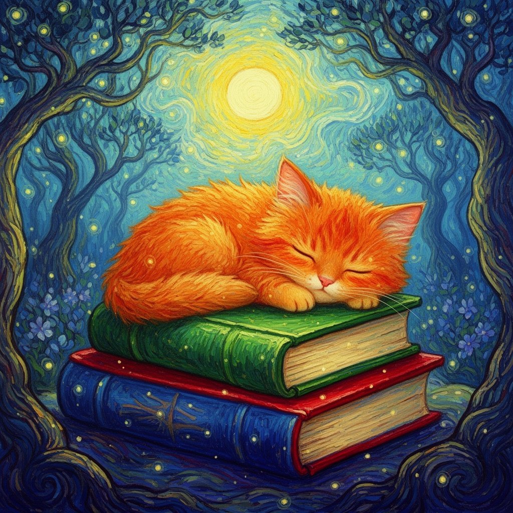 A cute orange cat in a Van Gogh type of way sleeping tummy down on top of a green book, red book, and blue from top to bottom inside a painting fram with the outside with trees and sun