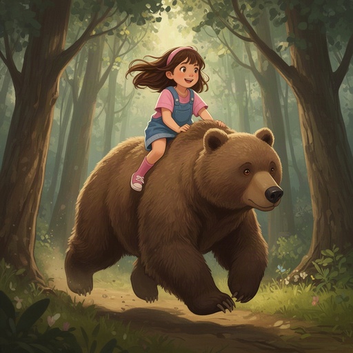 A girl riding a big bear through a forest