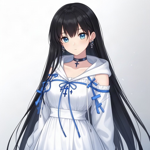 Anime girl white dress blue cross ribbons long black hair hoodie choker earrings 