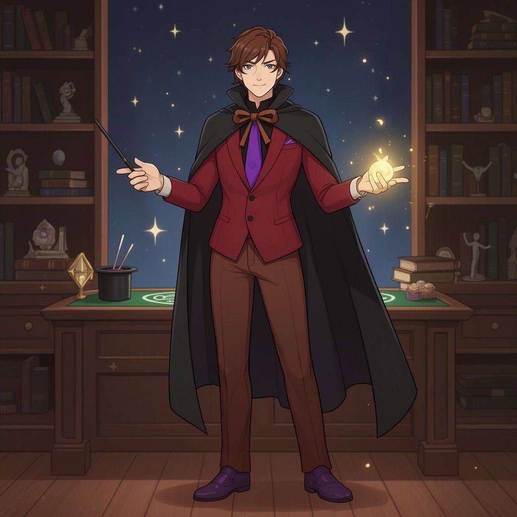 A magician with brown hair wearing a black top with a brown ribbon, a red suit with a purple tie, brown pants, and dark purple shoes and standing in a magician’s study room. The magician is also wearing a black cape.
