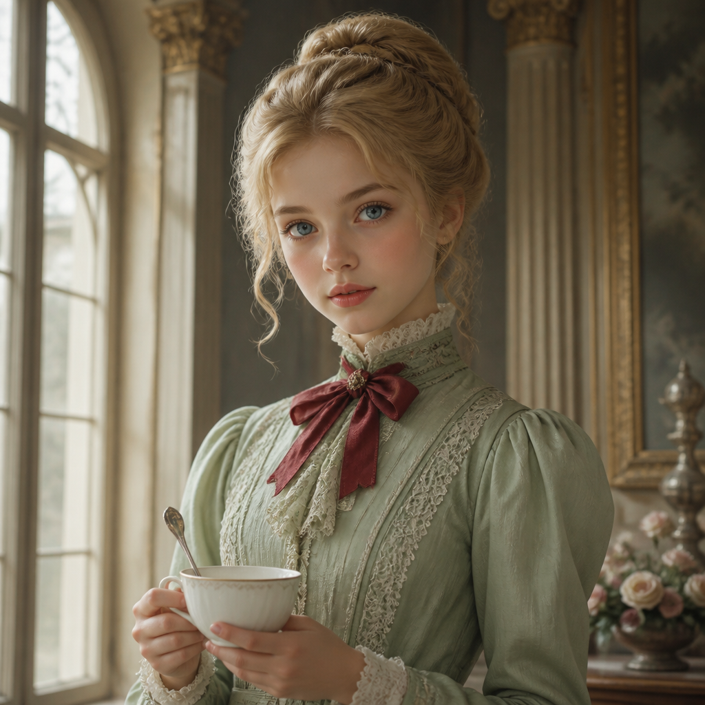 A young girl with fair skin and delicate features stands holding a white teacup with a silver spoon inside. She has blond hair styled in an elegant updo, and deep blue eyes gaze softly towards the viewer. Wearing a vintage, pale green dress with a high collar and a red bow at the neck, she exudes an air of Victorian elegance. The room is softly lit, with tall, arched windows allowing muted sunlight to cast gentle shadows. In the background, ornate classical architecture is visible, with fluted columns and a hint of a decorative wall. The atmosphere is serene and timeless, capturing a moment of quiet contemplation.