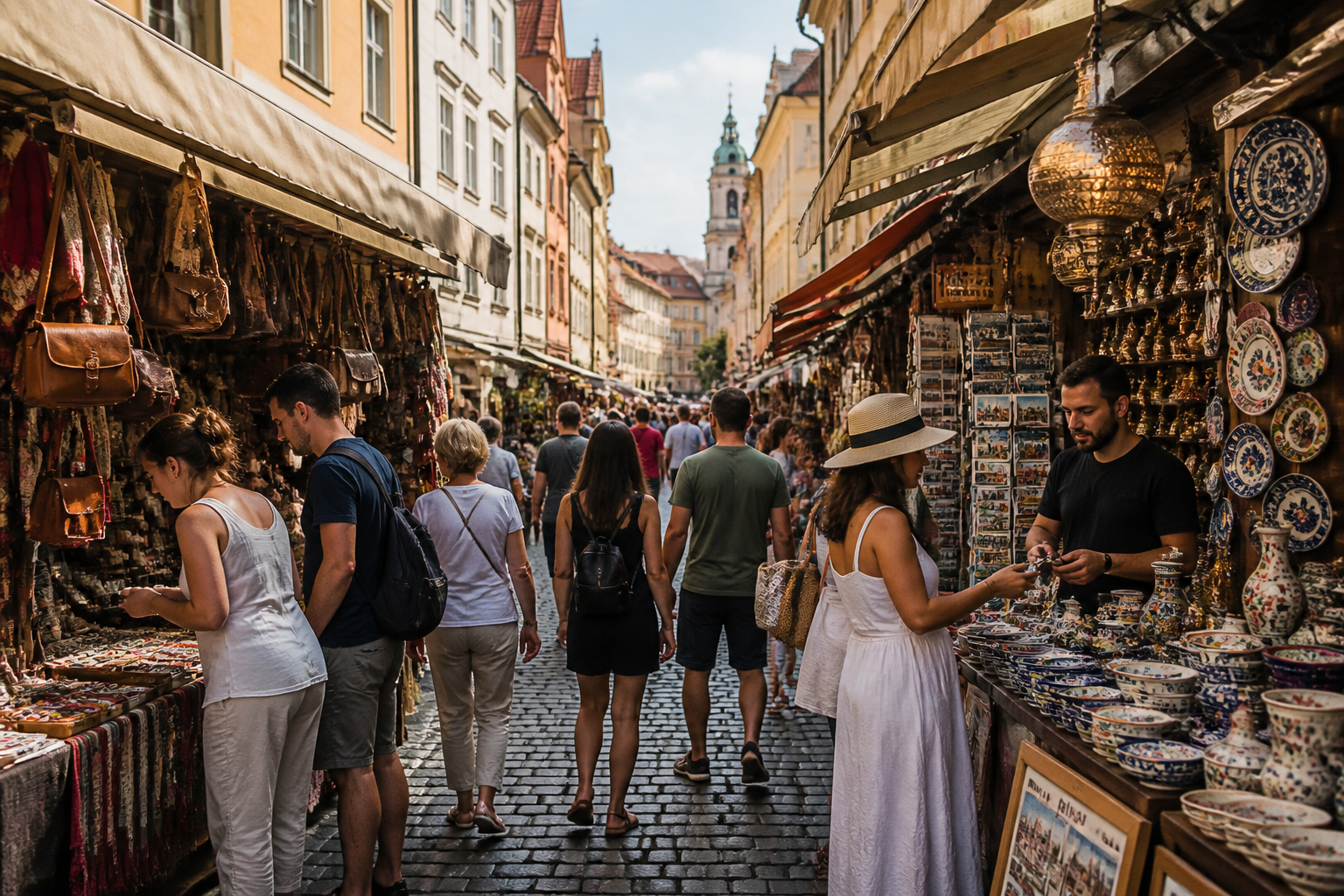 People are walking between stalls at the European Bazaar. Sme of them are buying things.