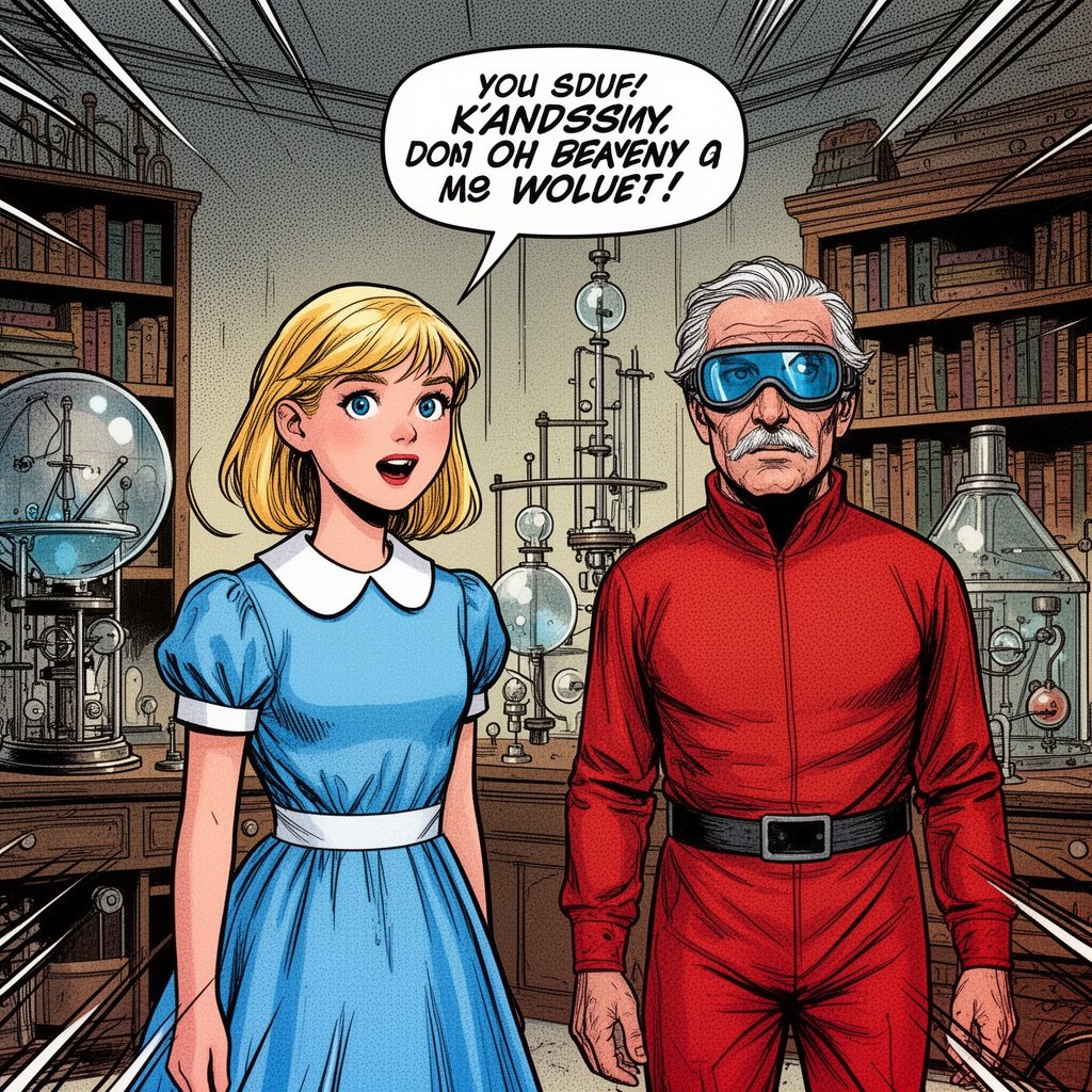 Kandinsky 2.2 a hyperrealistic, 8K resolution, cinematic lighting, shot on 35mm lens, f/1.8, high contrast, crisp, clear, no blur, photorealistic, intricate detail, texture, 8k, RTX on, dramatic studio lighting sharp focus, cosmic symbolist and ultra-mysterious and mystical and hyper Neo-surrealist moody painting in the style of nicole clavloux,A magic realism, cosmic symbolist and ultra-mysterious and mystical and hyper Neo-surrealist moody painting in the style of Andrew Wyeth, Hieronymus Bosch, Pieter Bruegel the Elder, Benozzo Gozzoli, Agostino Arrivabene, Rob Dave McKean, Easo Andrew’s, Umberto boccioni,Nicole clavloux, victor moscoso, rachaet mcclean, Aires moross, Alberto seveso, a very young man wearing X-ray specs fortune teller with a crystal ball stares into it with raised eyebrows and A decadent cherry tart done in a Rene Magritte surreal style , rendered in an impressionist style with soft brushstrokes and vivid, expressive colors, capturing a contemplative incredible blue eyes and introspective mood, smiling at the camera, 1950s or 1960s style, studio with bold colors A blonde with long hair teenage girl 15 years old wearing an Alice blue dress with a white linen Peter Pan collar, stands beside an older man in a red outfit. The man wears blue-tinted goggles with a head mirror, adjusting a scientific instrument over a clear spherical object. Both are in a vintage, well-lit room filled with scientific equipment and books. A portrait of an older gentleman in classical attire is visible in the background, observing the scene intentl