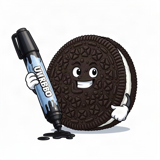 Cartoon Oreo cookie holding a drippy chiseled jumbo marker