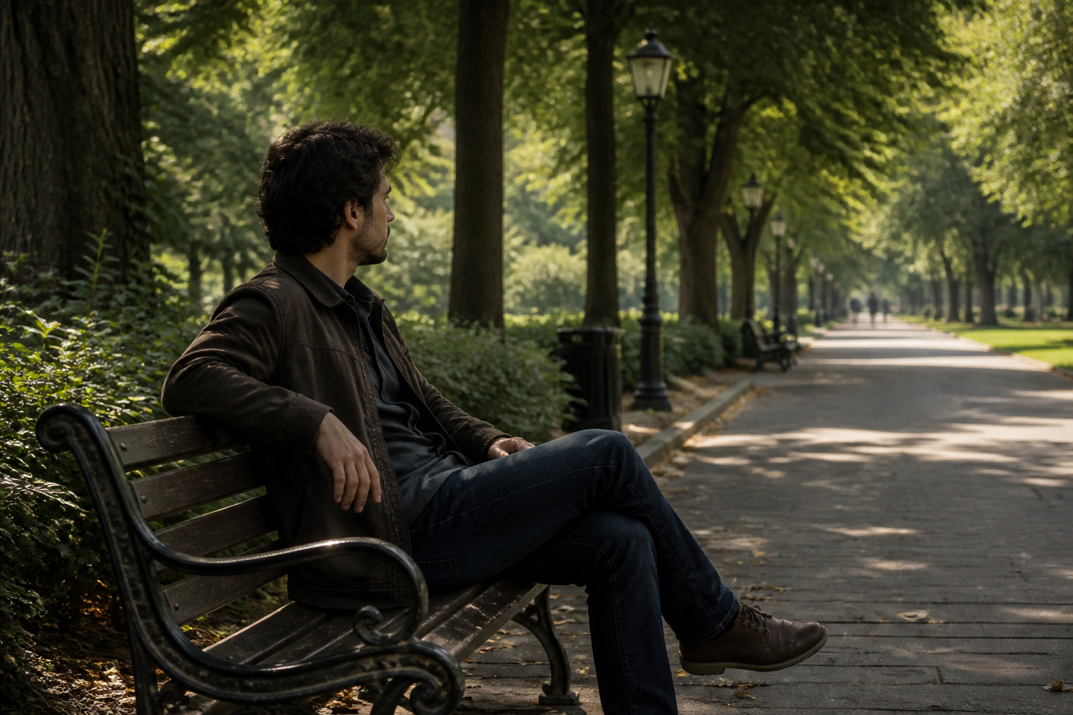 In the park alley, a man is sitting on a park bench