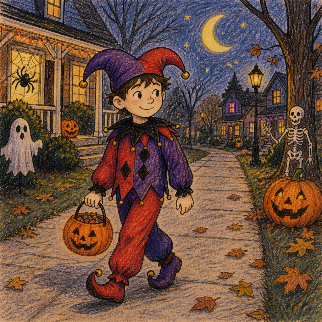 A boy in a jester costume walking through a Halloween-decorated neighborhood with a Halloween basket in his hand