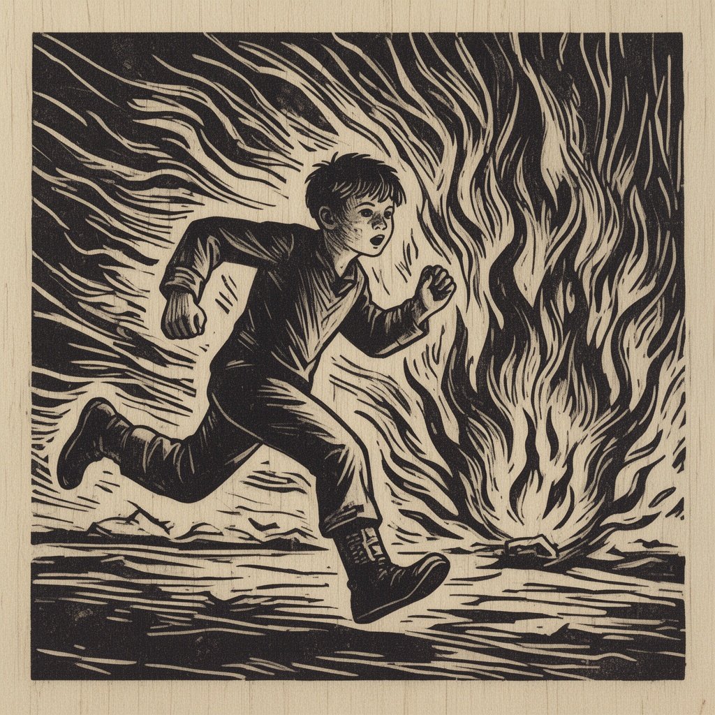 A boy running from a fire