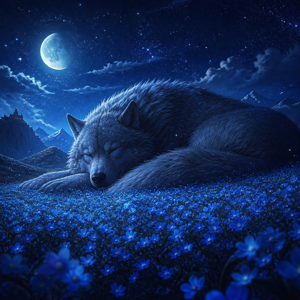 A giant wolf sleeping in a field of blue flowers at night