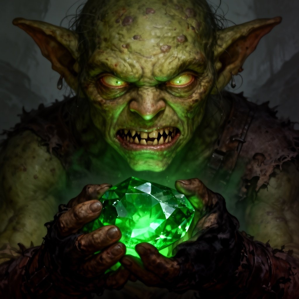 A goblin holding an emerald
