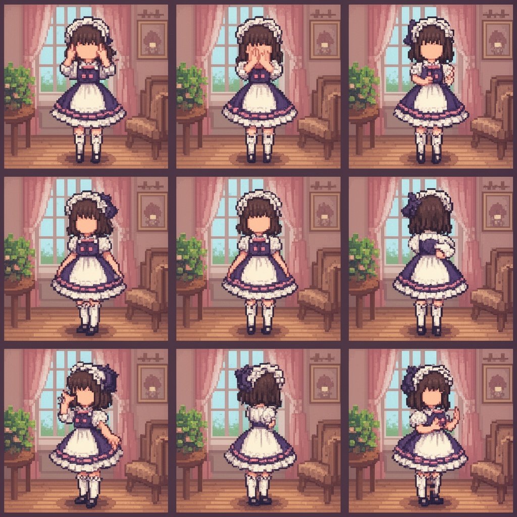 帮我生成图片:写实摄影风格,一位穿着洛丽塔的美女在室内的9张照片,要求姿势表现不同,她完全遮挡住五官,着重突出夸张的长腿、丰满上围、纤细腰部和下腹部,身材比例夸张。室内打光不均匀,有轻微曝光的情况。采用随手一拍的视角,构图表现为自然的仰拍,人物姿势自然的它拍视角,体现出真实女性皮肤的质感,照片带有运动模糊,整体有一种刻意营造的平庸感。比例 1:1。