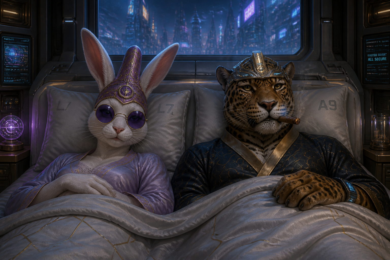 A futuristic background. Two human figures lying in bed next to each other. A female has a rabbit head and wearing strange hat and glasses. A male has a jaguar head and is wearing a futuristic hat and holding a cigar in its mouth.