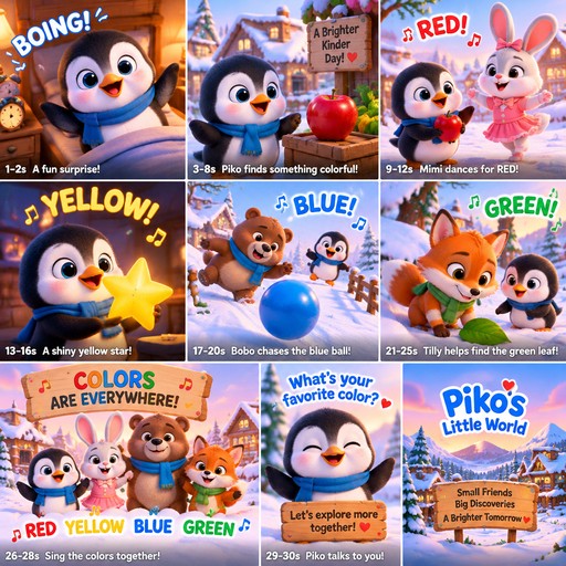 **PROJECT: PIKO'S LITTLE WORLD — ORIGINAL PRESCHOOL ANIMATION SERIES**

Create a high-quality, colorful 3D animated series for children ages 2–5, designed for YouTube Shorts and eventually longer YouTube episodes.

**Main character:**
Piko is an adorable little penguin who lives in a magical, snowy village filled with friendly animals. Piko has big expressive eyes, a tiny orange beak, soft fluffy-looking feathers, a little blue scarf, and an energetic, curious personality. Create an original character design that is recognizable and consistent in every scene.

**Supporting characters:**
- Mimi the Bunny: playful, kind, and loves dancing.
- Bobo the Bear: funny, clumsy, and always learning new things.
- Tilly the Fox: creative, curious, and loves solving puzzles.

**Visual style:**
Beautiful polished 3D preschool animation, soft rounded shapes, vibrant colors, warm cinematic lighting, expressive facial animations, smooth movement, colorful environments, playful camera angles, and appealing character expressions. Create original designs, environments, melodies, and stories.

**Episode concept:**
The first episode is called “Piko Learns the Colors!”

Piko wakes up in his cozy little house and discovers colorful objects throughout the village. He finds a red apple, a yellow star-shaped toy, a blue ball, and a green leaf. Each discovery introduces a color through a fun, repetitive original song.

Mimi dances when Piko finds something red. Bobo accidentally rolls the blue ball down a little hill, creating a funny chase. Tilly helps everyone find the green leaf.

At the end, all four friends sing a short, cheerful song reviewing the colors together and invite the audience to identify their favorite color.

**Structure:**
1. First 1–2 seconds: a funny, surprising visual that immediately catches children's attention.
2. Seconds 3–8: introduce the colorful problem or discovery.
3. Seconds 9–25: use funny actions, dancing, repetition, and an original educational song.
4. Secon