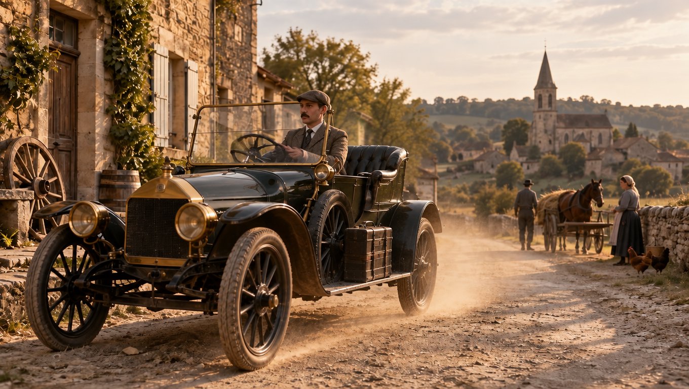 Vintage black automobile on a rural road, with people and a church in the background.