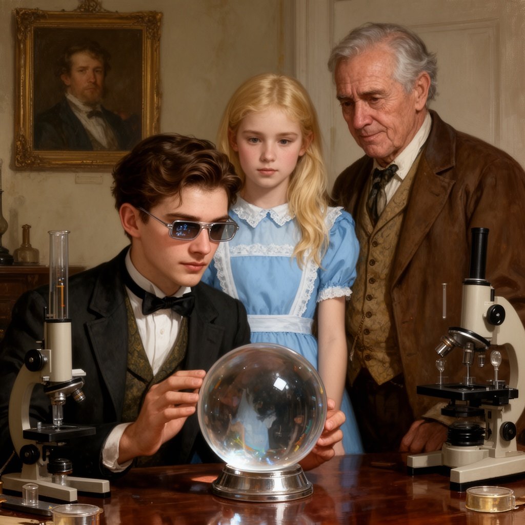 Kandinsky2.2 a hyperrealistic, 8K resolution, cinematic lighting, shot on 35mm lens, f/1.8, high contrast, crisp, clear, no blur, photorealistic, intricate detail, texture, 8k, RTX on, dramatic studio lighting sharp focus, cosmic symbolist and ultra-mysterious and mystical and hyper Neo-surrealist moody painting in the style of nicole clavloux,A magic realism, cosmic symbolist and ultra-mysterious and mystical and hyper Neo-surrealist moody painting in the style of Andrew Wyeth, Hieronymus Bosch, Pieter Bruegel the Elder, Benozzo Gozzoli, Agostino Arrivabene, Rob Dave McKean, Easo Andrew’s, Umberto boccioni,Nicole clavloux, victor moscoso, Lou Brooks,Neon Park,MicHaggerty,a young man wearing X-ray specs fortune teller with a crystal ball stares into it with raised eyebrows and A decadent cherry tart done in a Rene Magritte surreal style , rendered in an impressionist style with soft brushstrokes and vivid, expressive colors, capturing a contemplative incredible blue eyes and introspective mood, smiling at the camera, 1950s or 1960s style, studio with bold colors A blonde with long hair teenage girl 15 years old wearing an Alice blue dress with a white linen Peter Pan collar, stands beside an older man in a red outfit. The man wears blue-tinted goggles with a head mirror, adjusting a scientific instrument over a clear spherical object. Both are in a vintage, well-lit room filled with scientific equipment and books. A portrait of an younger gentleman in classical attire is visible in the background, observing the scene intently. There is a sense of curiosity and experimentation, with a blend of fantasy and scientific exploration.