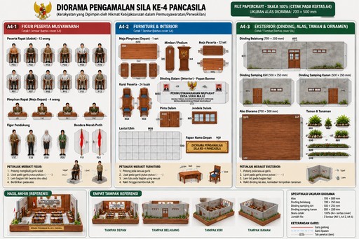 Educational infographic displaying miniature Pancasila diorama scenes, diagrams, and labels in green, brown, and cream.