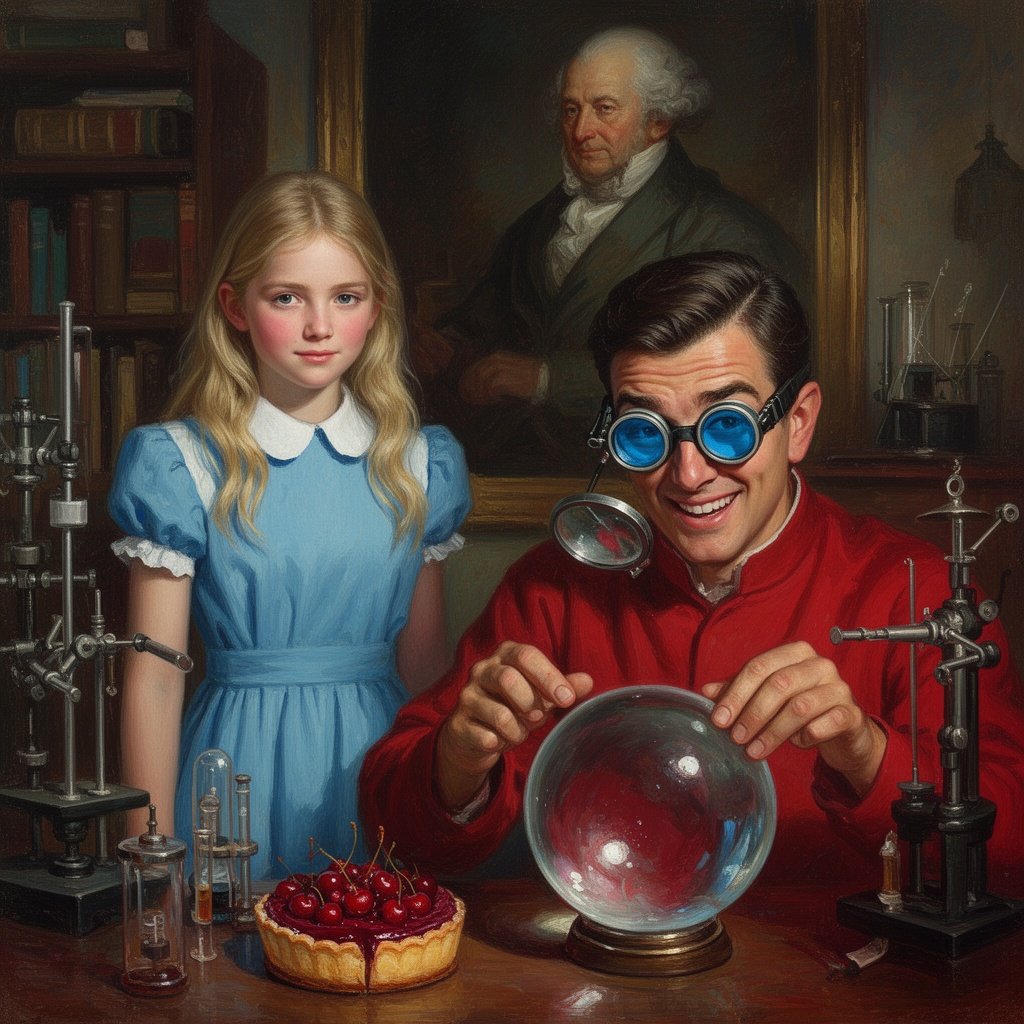 Kandinsky 2.2 a hyperrealistic, 8K resolution, cinematic lighting, shot on 35mm lens, f/1.8, high contrast, crisp, clear, no blur, photorealistic, intricate detail, texture, 8k, RTX on, dramatic studio lighting sharp focus, cosmic symbolist and ultra-mysterious and mystical and hyper Neo-surrealist moody painting in the style of nicole clavloux,A magic realism, cosmic symbolist and ultra-mysterious and mystical and hyper Neo-surrealist moody painting in the style of Andrew Wyeth, Hieronymus Bosch, Pieter Bruegel the Elder, Benozzo Gozzoli, Agostino Arrivabene, Rob Dave McKean, Easo Andrew’s, Umberto boccioni,Nicole clavloux, victor moscoso, rachaet mcclean, Aires moross, Alberto seveso, a very young man wearing X-ray specs fortune teller with a crystal ball stares into it with raised eyebrows and A decadent cherry tart done in a Rene Magritte surreal style , rendered in an impressionist style with soft brushstrokes and vivid, expressive colors, capturing a contemplative incredible blue eyes and introspective mood, smiling at the camera, 1950s or 1960s style, studio with bold colors A blonde with long hair teenage girl 15 years old wearing an Alice blue dress with a white linen Peter Pan collar, stands beside an older man in a red outfit. The man wears blue-tinted goggles with a head mirror, adjusting a scientific instrument over a clear spherical object. Both are in a vintage, well-lit room filled with scientific equipment and books. A portrait of an older gentleman in classical attire is visible in the background, observing the scene intentl