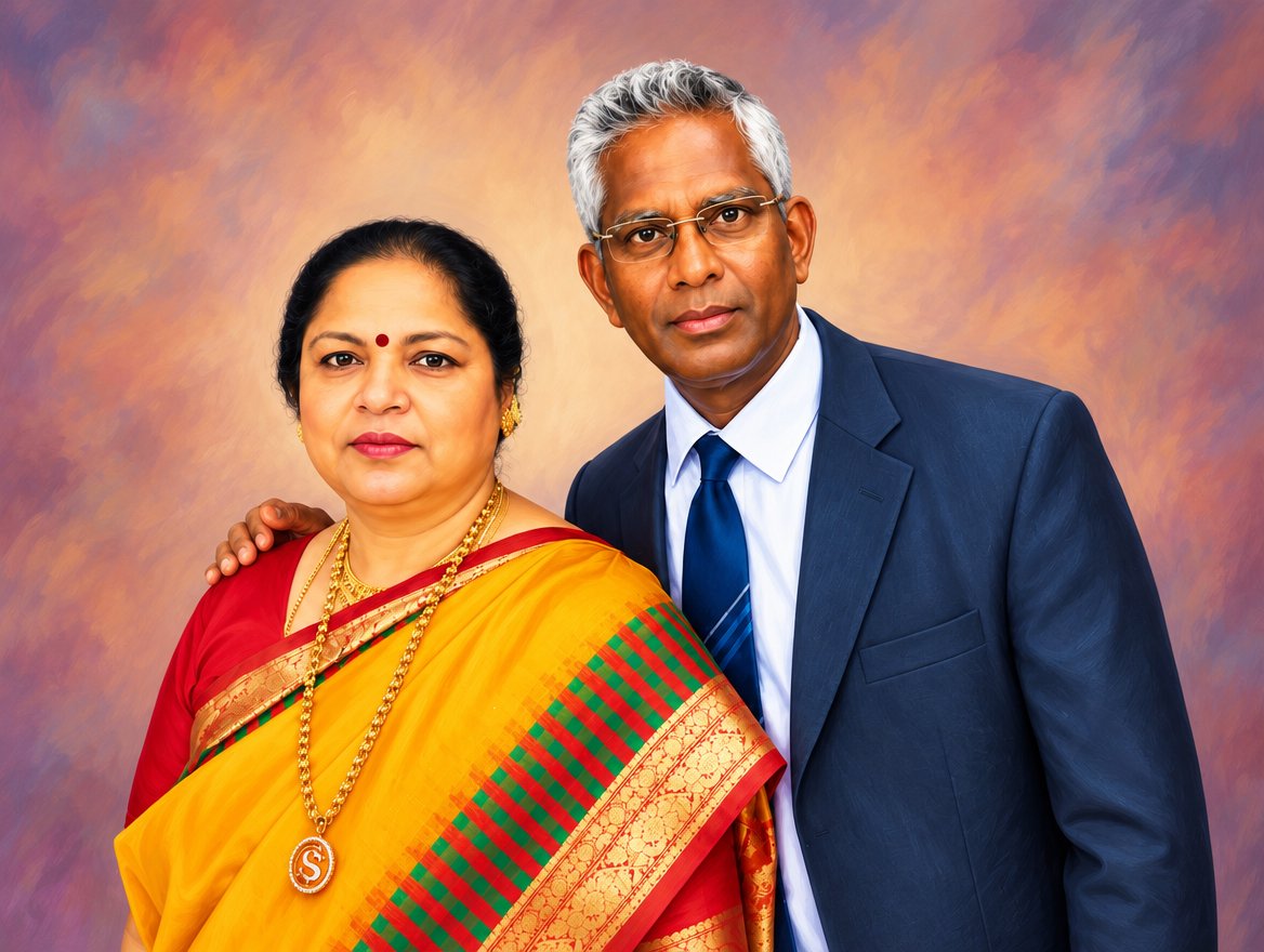 Formal portrait of two people in colorful traditional attire against a painted backdrop