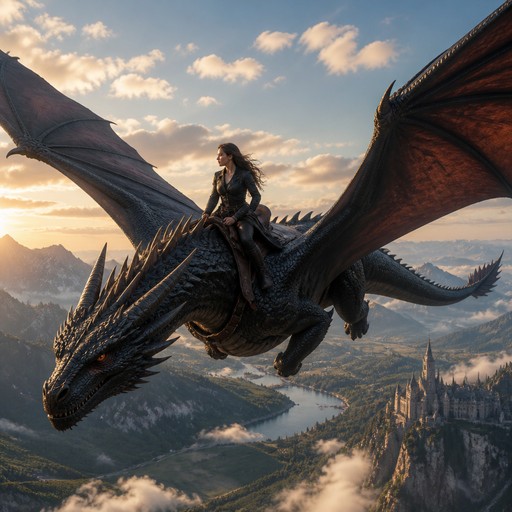 Fantasy digital painting of a person riding a dragon over mountains and a winding river.