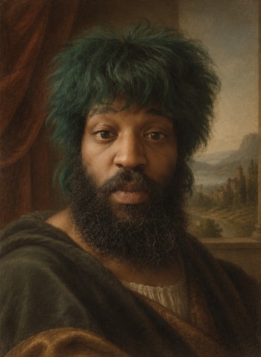 Classical oil portrait of a bearded person in dark robes against a landscape backdrop.