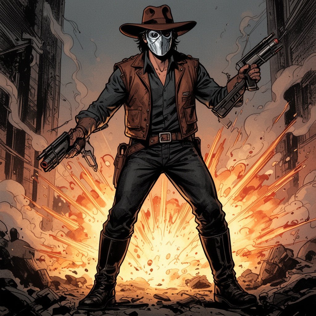 dark hair usually tucked under his hat or either tied back, roughly 5'8 Clothing: A practical, nice brown leather vest over a slightly darker dress shirt, rugged black trousers tucked into tall riding boots, and a wide-brimmed brown fedora.. A silver mask covering one side of his face. Weapon: His forte is explosive weapons.