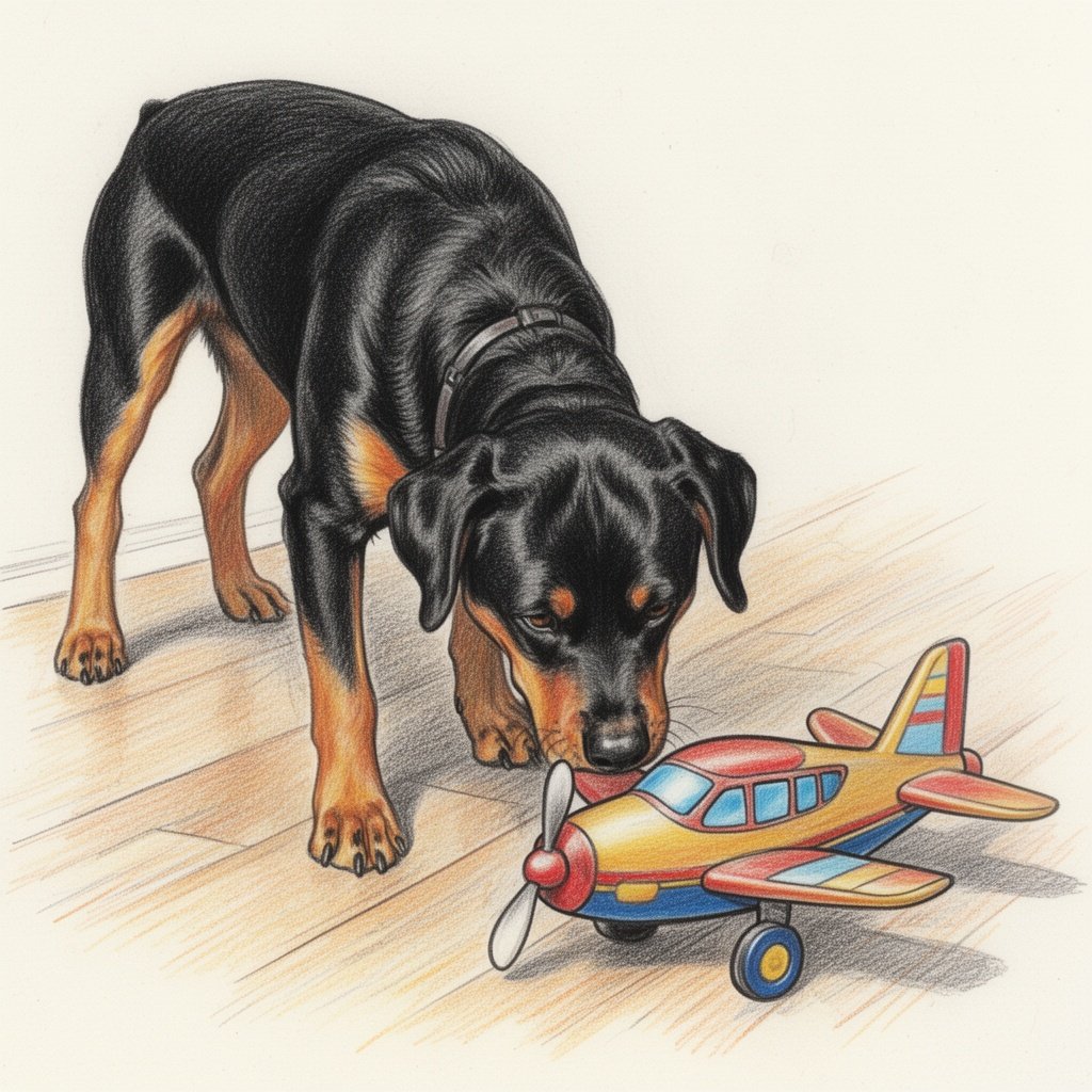 A Rottweiler dog sniffing a toy plane on the floor