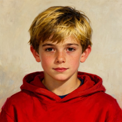 A boy with dark blonde hair wearing a red hoodie