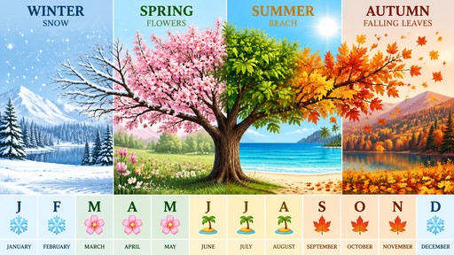 ## 🌳 SEASON TREE — 12 MONTHS

| Month           | Season     | Tree / Nature     |
| --------------- | ---------- | ----------------- |
| **J** January   | ❄️ Winter  | ❄️ Snow           |
| **F** February  | ❄️ Winter  | ❄️ Snow           |
| **M** March     | 🌺 Spring  | 🌺 Flowers        |
| **A** April     | 🌺 Spring  | 🌺 Flowers        |
| **M** May       | 🌺 Spring  | 🌺 Flowers        |
| **J** June      | 🏝️ Summer | 🏝️ Beach         |
| **J** July      | 🏝️ Summer | 🏝️ Beach         |
| **A** August    | 🏝️ Summer | 🏝️ Beach         |
| **S** September | 🍁 Autumn  | 🍁 Falling leaves |
| **O** October   | 🍁 Autumn  | 🍁 Falling leaves |
| **N** November  | 🍁 Autumn  | 🍁 Falling leaves |
| **D** December  | ❄️ Winter  | ❄️ Snow           |

### 🌲 SEASON CYCLE

**❄️❄️ → 🌺🌺🌺 → 🏝️🏝️🏝️ → 🍁🍁🍁 → ❄️**

**J F M A M J J A S O N D**
**❄️ ❄️ 🌺 🌺 🌺 🏝️ 🏝️ 🏝️ 🍁 🍁 🍁 ❄️**