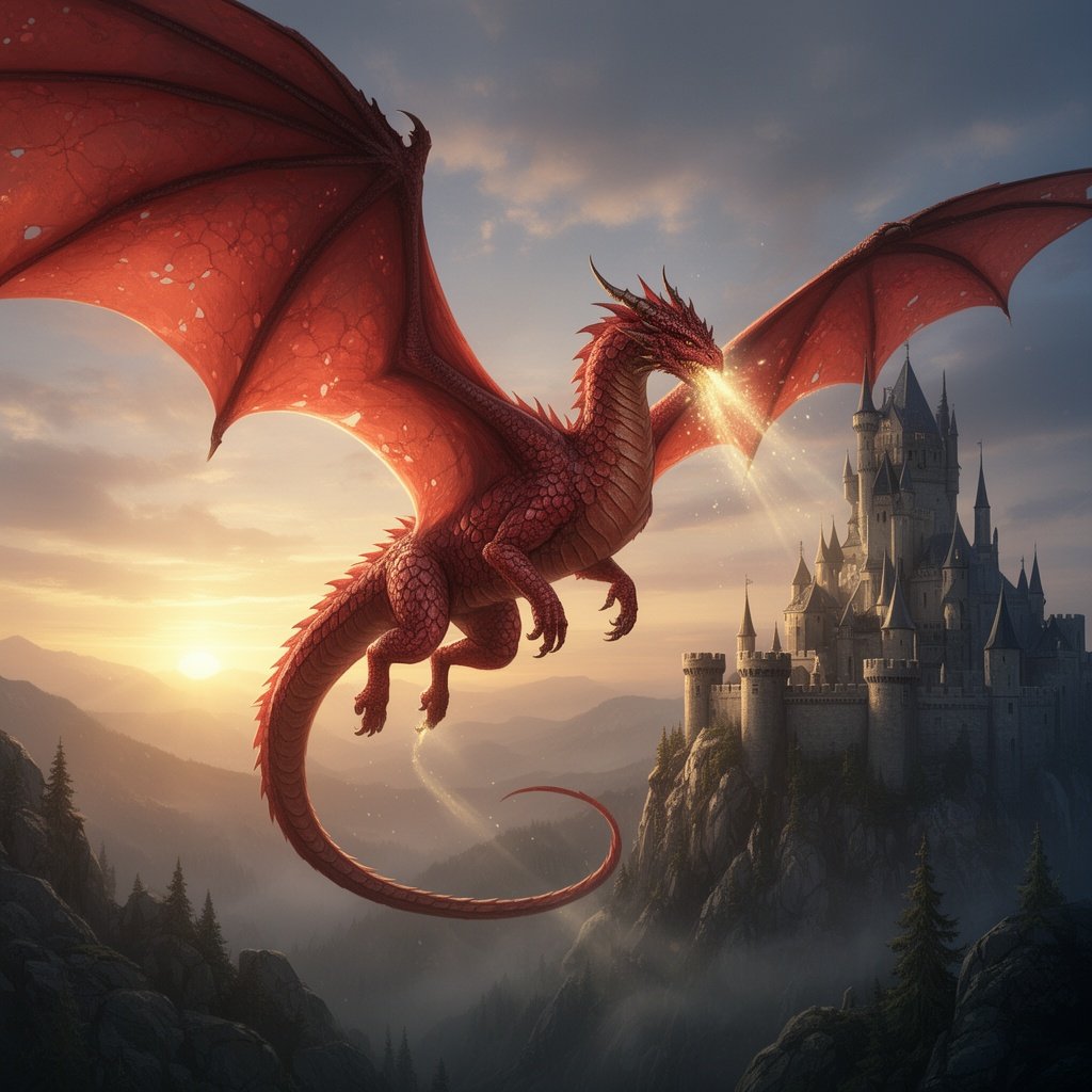 A majestic dragon soaring over a medieval castle at dawn, fantasy art, highly detailed, volumetric lighting.