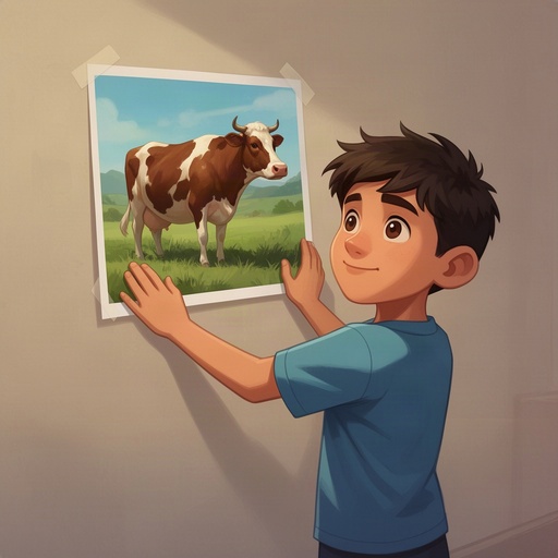 A boy putting a photograph of a cow on a wall
