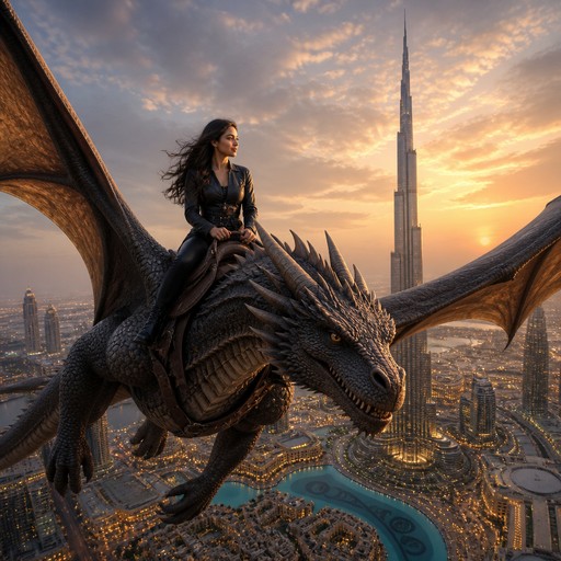 A person riding a dragon above a futuristic city at sunset.