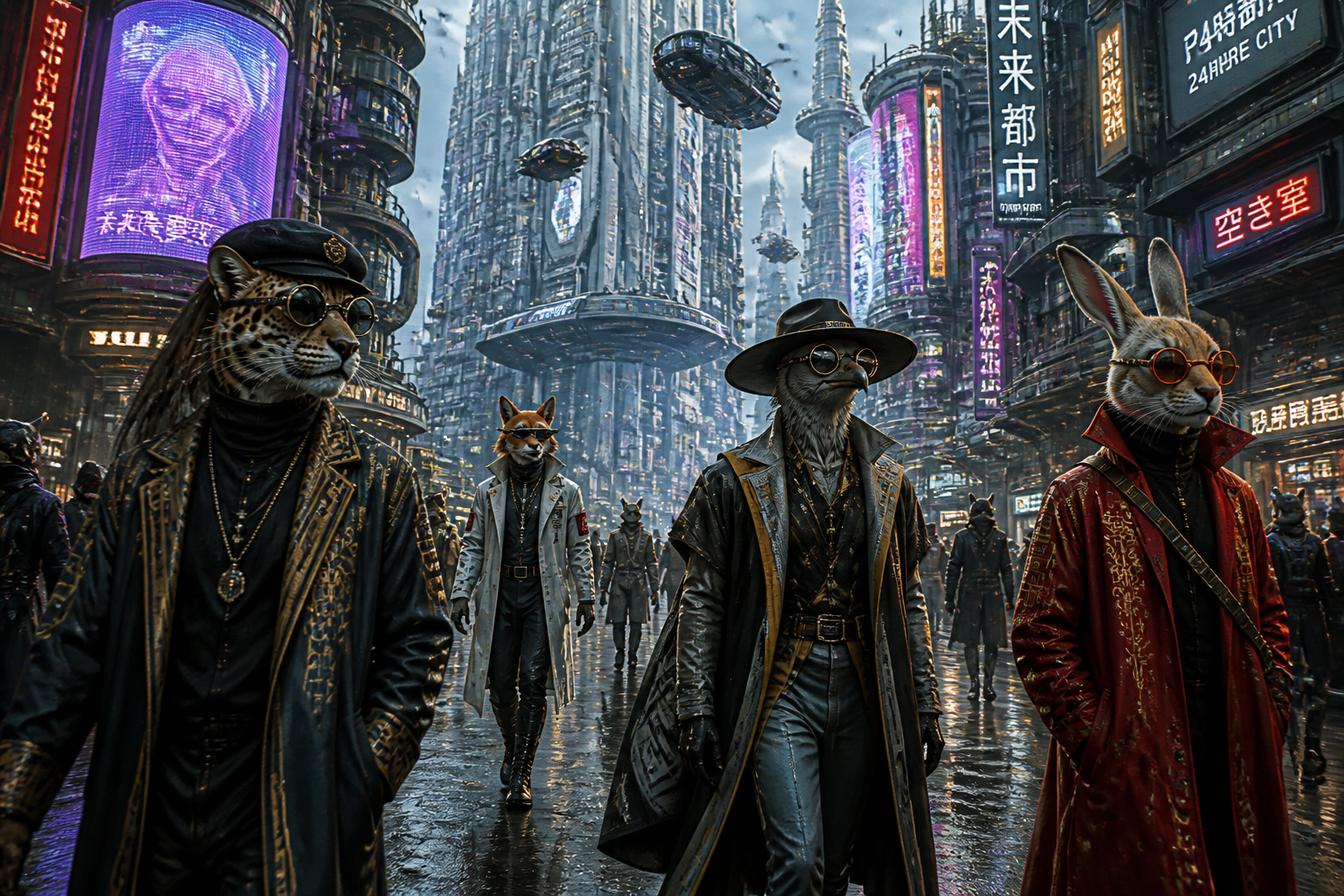 A futuristic background. A few human figures with animal heads wearing strange clothes, hats, and glasses walking on a street.