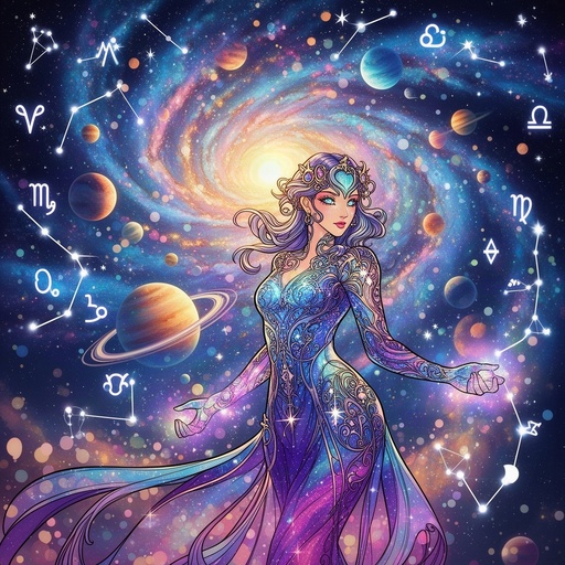 Exceptional astounding incredible breathtaking closeup dainty intricate lavish beautiful high contrast hyper detailed art nouveau style futuristic California spacepunk 3D Anime fairytale charming storybook sketch very beautiful bright vivid vibrant popping colors multicolored of a dynamic stunning beautiful celestial starlight woman made of nebula creating a swirling series of planets and moons in a sky of stars. she is surrounded by bokeh, constellations and astrological signs, a bright beautiful galaxy fills the background. 