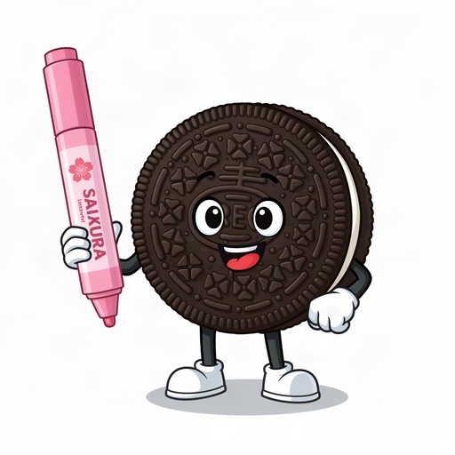 Oreo cookie cartoon holding a Sakura solid marker