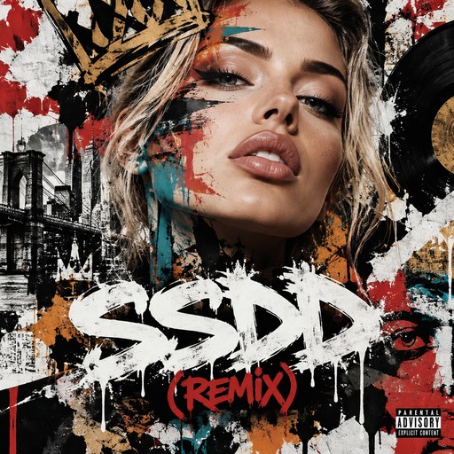 Fun Hip hop themed album cover titled: SSDD (Remix); abstract art, high resolution , artistic female face should resemble hot Caucasian