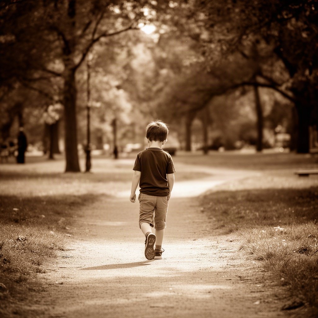 A boy walking through a park