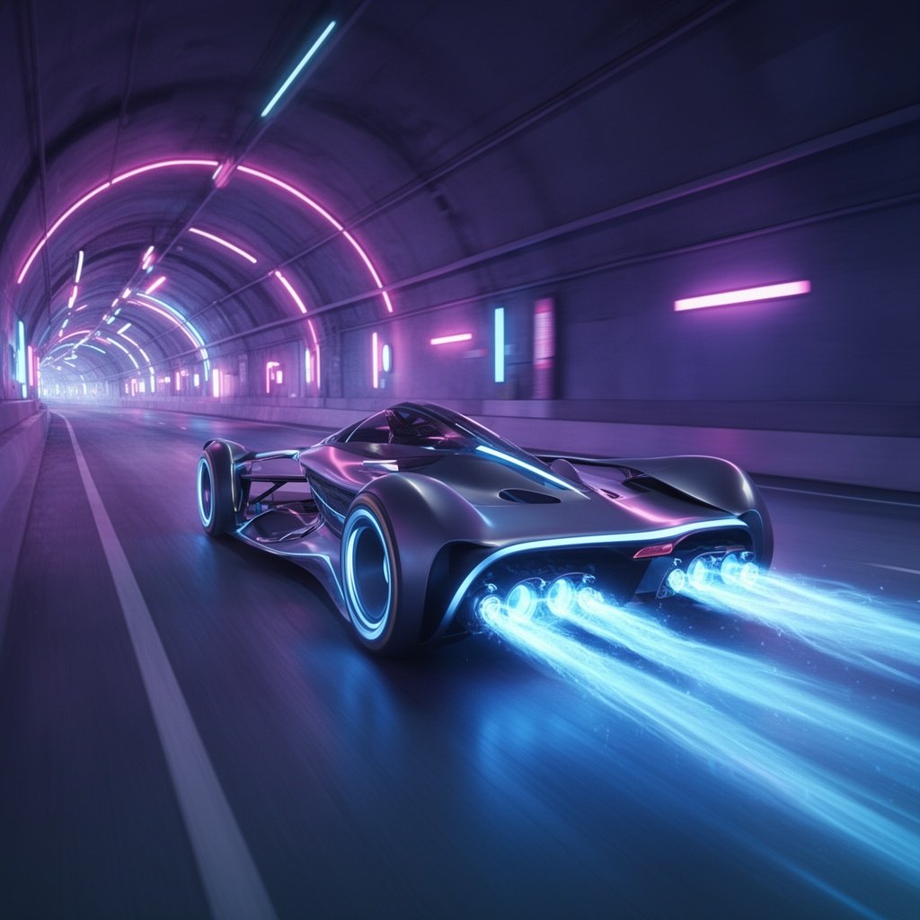 A futuristic racing vehicle with sleek curves and glowing blue engine trails speeding through a neon-lit tunnel