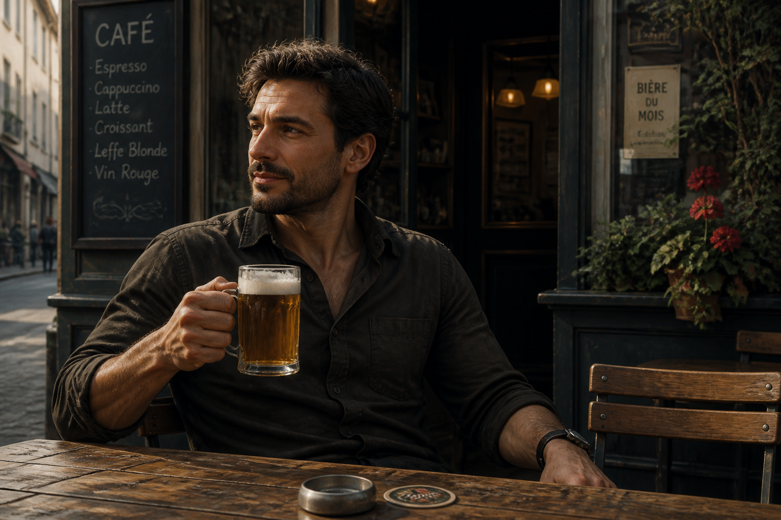 A man sitting at the table in front of a small cafe. He holds a mug of beer.