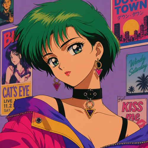 90s anime girl colorful girl short green hair choker earrings 