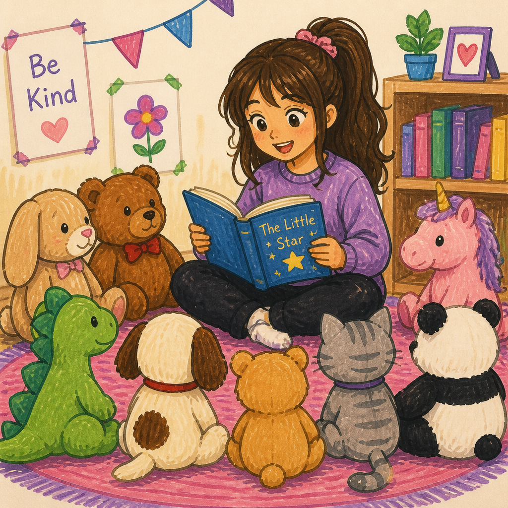 A girl reading a book to a bunch of stuffed toy animals